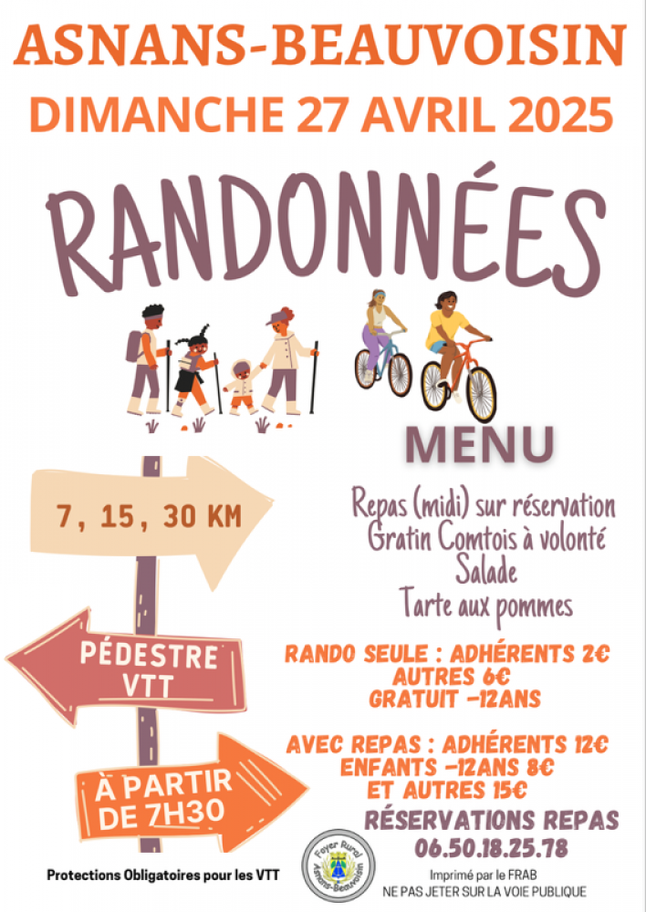 Le FRAB organise sa journée randonnées pédestre et VTT le DIMANCHE 27 AVRIL 2025 à partir de 7h30.